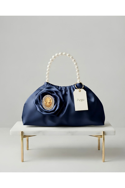 pegu baby collection ΣΕΙΡΑ ROYALE ΣΚΟΥΡΟ ΜΠΛΕ ΣΑΤΕΝ ΤΣΑΝΤΑ ΜΕ ΠΕΡΛΕΝΕΣ ΛΑΒΕΣ,...