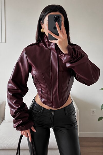 gm giyimarket Women's New Season Corset Detail Cropped Leather Jacket
