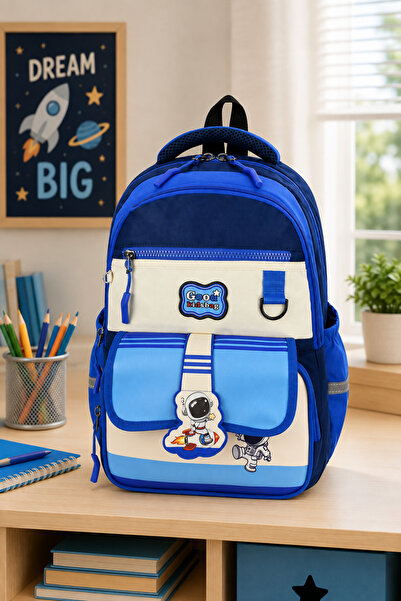 hediyeconcepti Astronot Desenli Su Geçirmez Erkek Çocuk Okul Çantası 3'lü Set Beslenme Çantası Kalemlik