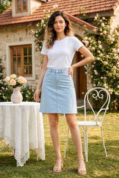 kleshus Fusta din denim Lycra Mabel New Season Ice Blue Snow Wash, cu șliț de...