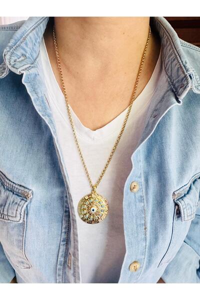 DEVİ fashion 60 cm Steel Chain Evil Eye Beaded Disc Necklace with Zodiac Figure