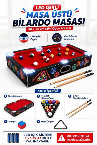 SCOWETTO YILDIRIM OYUNCAK Pilli LED Işıklı Masa Üstü Bilardo Masası 50x30 cm ...