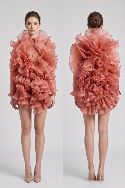 JABO WEDDİNG HOUSE ABİYE HOUTE COUTURE ÖZEL TASARIM ORGANZE KİREMİT BEDEN 36