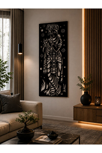 Krishna Figürlü Metal Duvar Dekoru – 50×100 cm Siyah Lazer Kesim Dekoratif Duvar Panosu