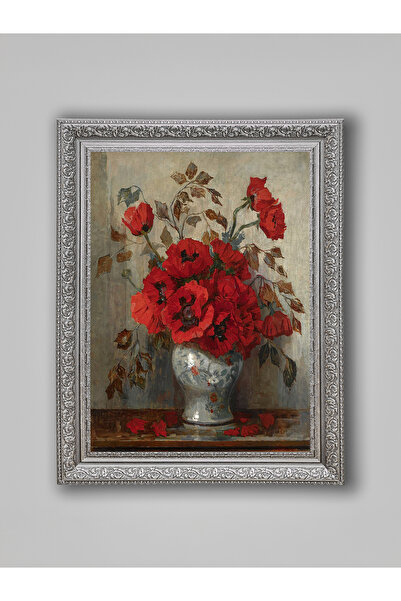 WoodyArts Natură moartă florală, gri, înrămată în stil antic, pictură decorat...