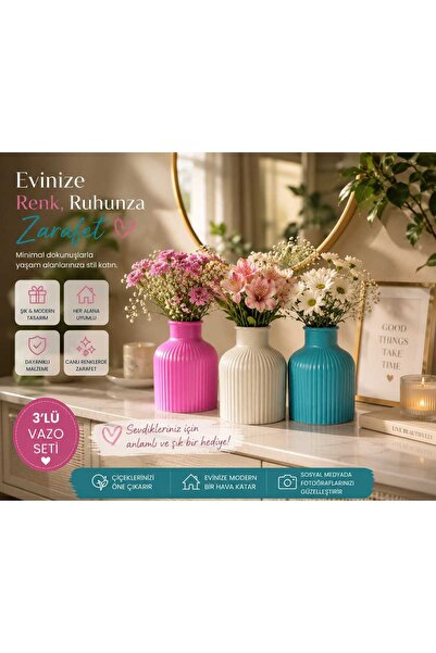 VARKAL 3lü İskandinav Tarzı Bohem Vazo Hediyelik Pinterest Pampas Vazosu Set Vazo Dekoratif Eşya (FUŞYA-BEJ-TURKUAZ)