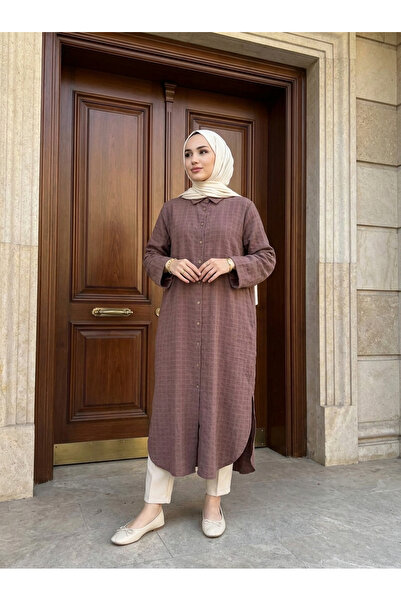Kirazca Butik Women's Linen Look Buttoned Long Shirt Dress Tunic