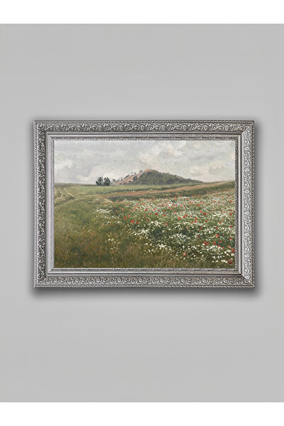 WoodyArts Câmp de flori roșii, gri, înrămat în stil vintage, pictură decorati...