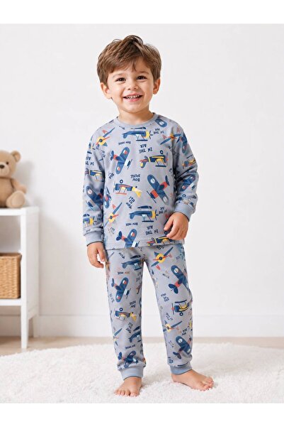durukoza %100 Pamuk Erkek Çocuk Pijama Takımı Uçaklı 4 Mevsim