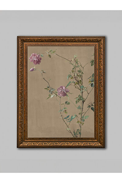 WoodyArts Ramură de flori maro înrămată în stil vintage, pictură decorativă d...