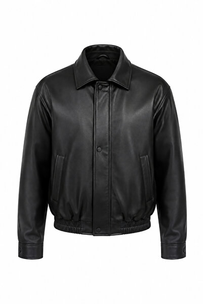 Bossago Jachetă unisex neagră vintage oversize din piele, tip bomber, cu tali...