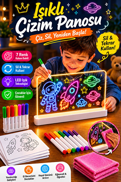 SCOWETTO 20x30 cm LED Işıklı Yazı, Çizim ve Boyama Tahtası – 7 Renk Kalemli S...