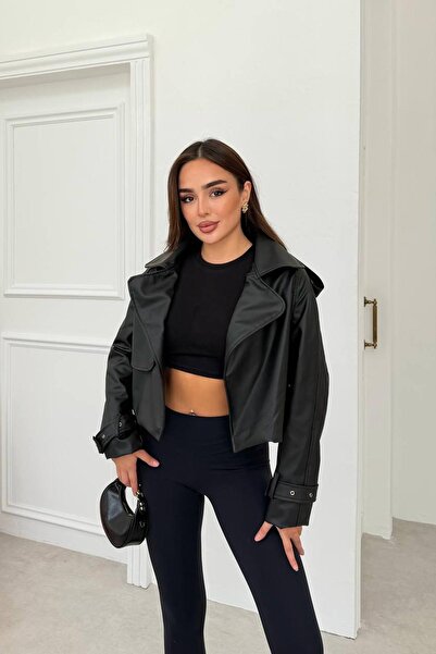 New Season Zr Premium Vatkalı Oversize Kadın Siyah Deri Ceket
