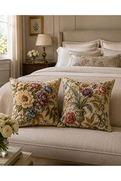 ayshome textile 3D DİJİTAL BASKI Krem Çiçek Desen 2'Li Kırlent Kılıfı Seti (çift taraf baskılı 43 x43 )