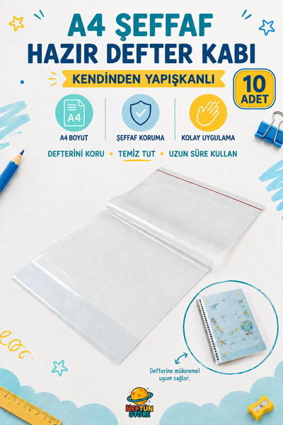 neptünstore A4 Şeffaf Hazır Kendinden Yapışkanlı Defter Kabı 10 Adet
