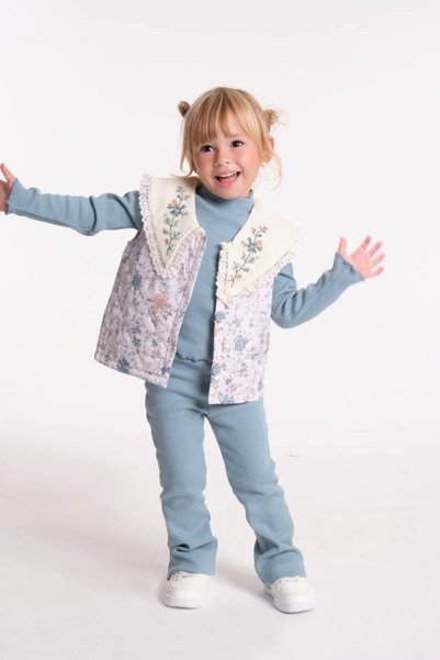 Generic Brand Blue Quilted Embroidered Vest 3-Piece Camisole Set-1113