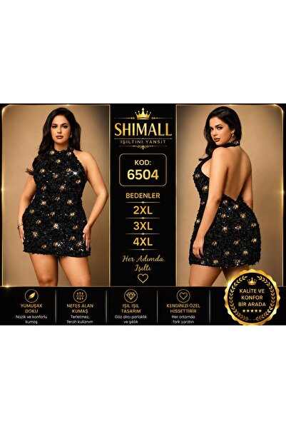 Kadın Büyük Beden Siyah Payetli Mini Elbise 2XL 3XL 4XL – Işıltılı Şık Gece Davet Parti Elbisesi