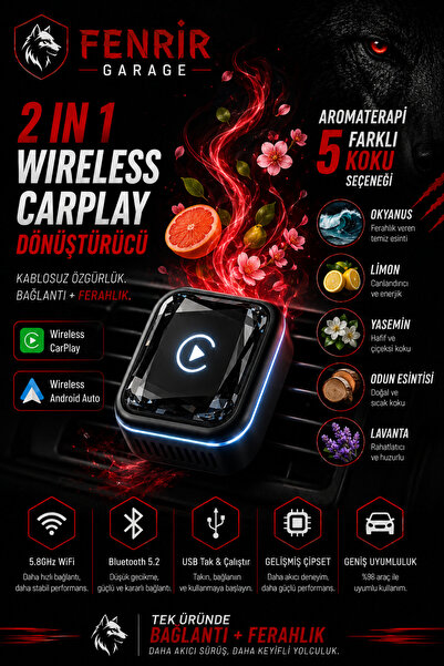 Fenrir Garage 2 IN 1 Wireless CarPlay & Android Auto Adaptörü – Aromaterapi Ö...