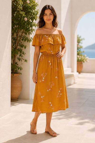 Nuevo Women's Mustard Floral Patterned Madonna Collar Flounce Elastic Waist M...