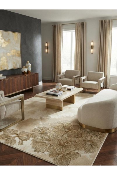 LovisaHome Krem Dekoratif Patchwork Yıkanabilir Dijital Baskı Halı