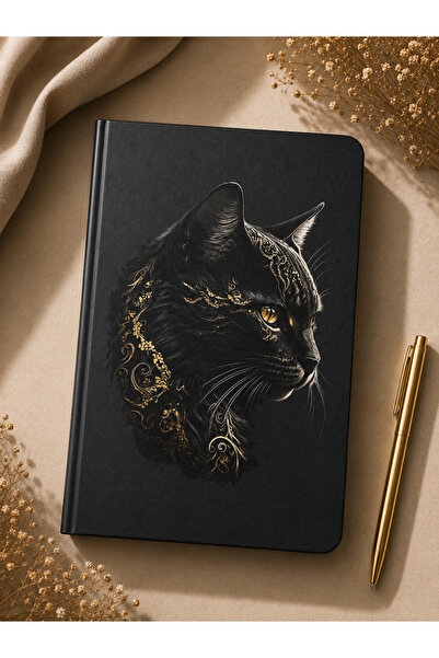 StudyEra Black Nature Çizgili Defter – Siyah Sert Kapak Kedi Figürlü Defter