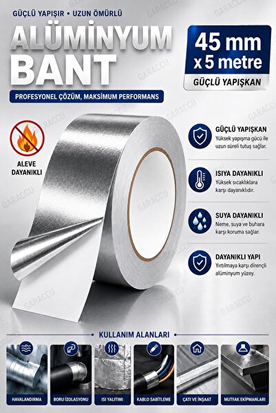 garaccu Alüminyum Yanmaz Folyo Bant Tamir Soba Aspiratör Boru Bandı 5 Metre