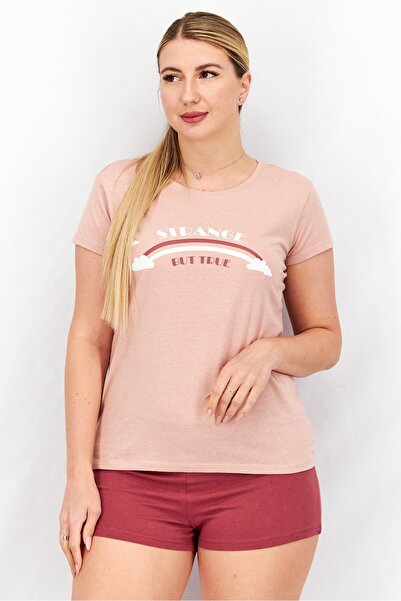 Sinsay Women 2 Pc Graphic T-Shirt With Plain Short Sleepwear, Pink