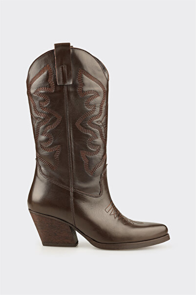 Elle Shoes Kahve Deri Kadın Western Çizme