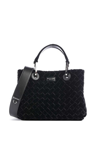 Emporio Armani Women's Patterned Velvet Black Shoulder Bag with Removable Sho...