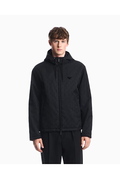 Emporio Armani Men's Comfortable Fit Embossed Patterned Long Sleeve Black Jacket