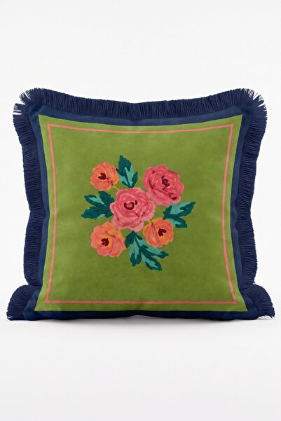 IdeCraft Pink Rose Bouquet Detailed Green Floor Fringed Decorative Throw Pill...