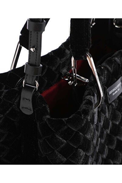 Emporio Armani Kadın Çıkarılabilir Omuz Askılı Desenli Kadife Siyah Omuz Çantası
