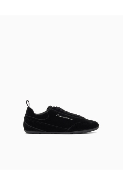 Emporio Armani Women's Low-Top Velvet Black Sneakers with Logo Detail