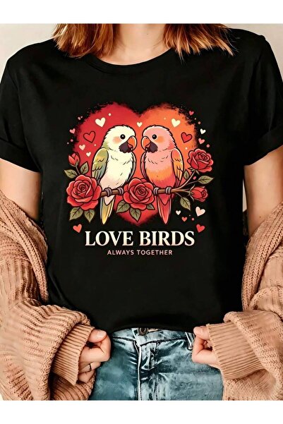 21JNRY Romantic Style Women's T-Shirt Love Birds Together Graphic Tee Casual ...