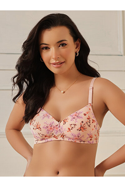 Clovia By Styli Peach Floral Print Padded Full Coverage T-shirt Bra