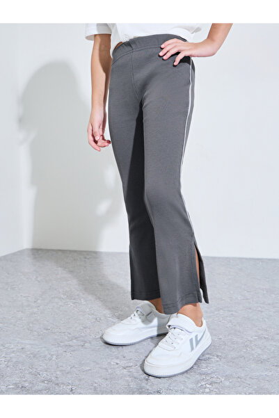 Styli Girls Grey Ribbed Leggings with Side Stripe and Slit