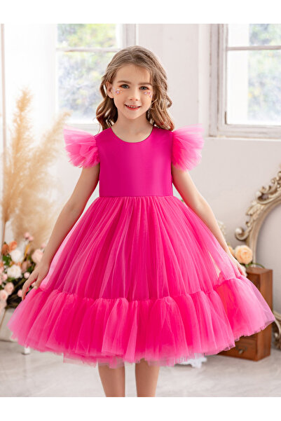 Take Two By Styli Girls Magenta A-Line Tulle Dress with Ruffle Details