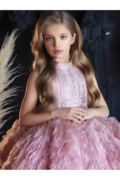 Take Two By Styli Girls Pink Faux Fur Embellished A-Line Midi Dress
