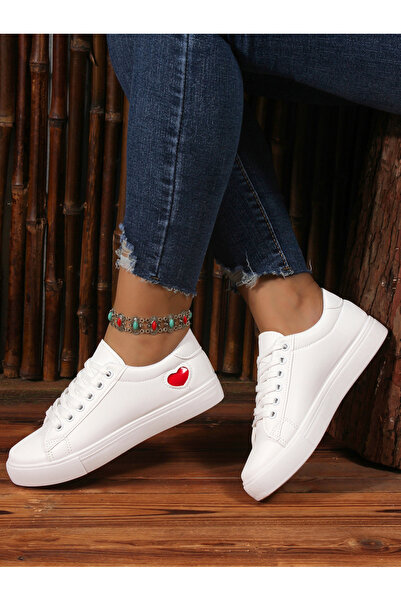 Take Two By Styli White Flat Sole Sneakers with Red Heart Detail