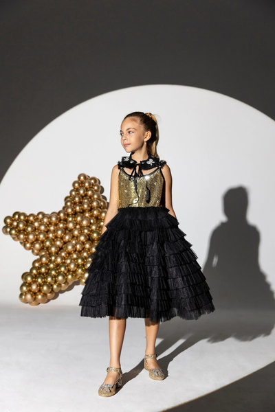 Take Two By Styli Girls Black Tulle Details Gold Sequin Embellished A-Line Mi...