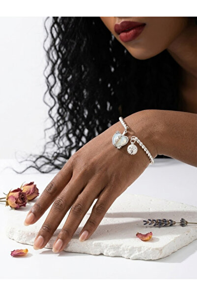 Take Two By Styli Silver Tone Heart Charm Open Bracelet