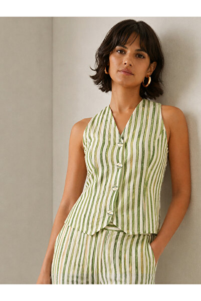 Sassafras By Styli Green Linen Striped V Neck Front Button Vest Top