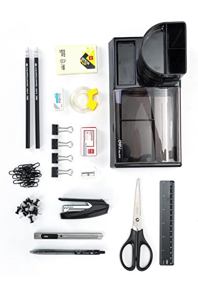 Deli 38254 16-Piece Stationery Set, Desk Organizer, 2 Drawers, Black Colour O...