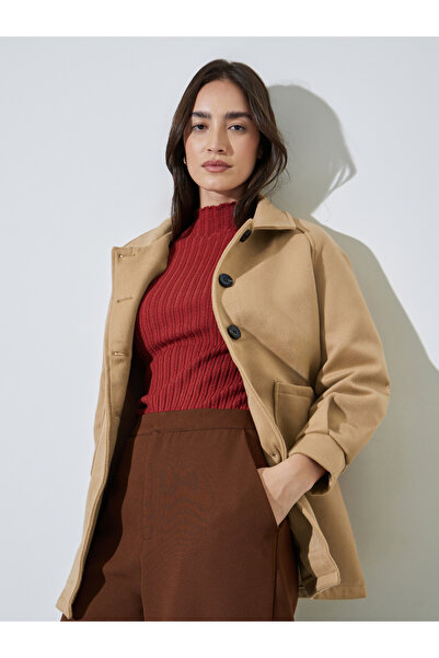 Styli Beige Longline Button-Front Coat
