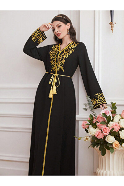 Take Two By Styli Black Embroidered V-Neck Maxi Jalabiya with Long Sleeves