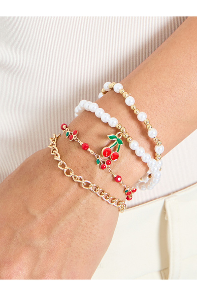 Styli Pack of 3 - Multi-Color Cherry Charm Bracelets with Pearls and Gold Beads