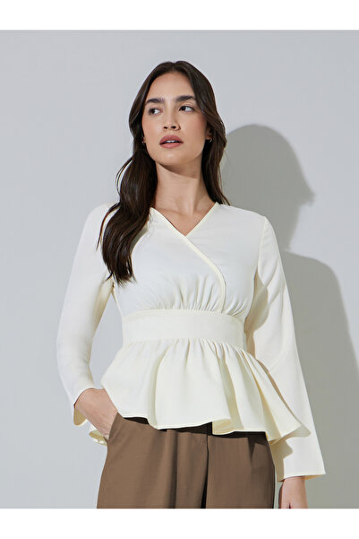 Styli Off White Solid Ruffled Details V-Neck Peplum Blouse
