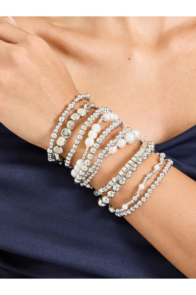Styli Pack of 12 - Silver Tone Beaded Casual Bracelets