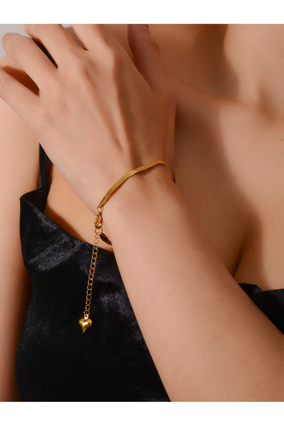 Take Two By Styli Gold Tone Flat Snake Chain Bracelet with Heart Charm