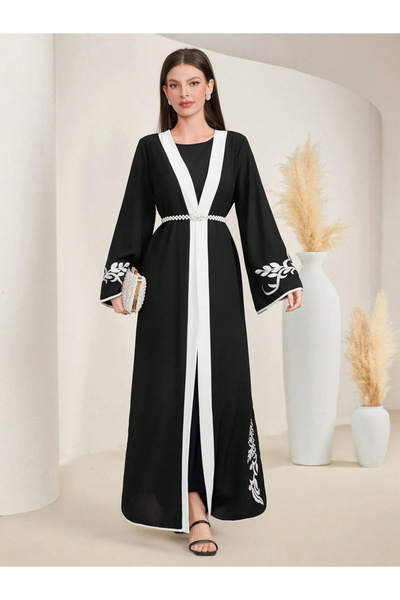 Take Two By Styli Black Contrast Trims Embroidered Open Front Abaya